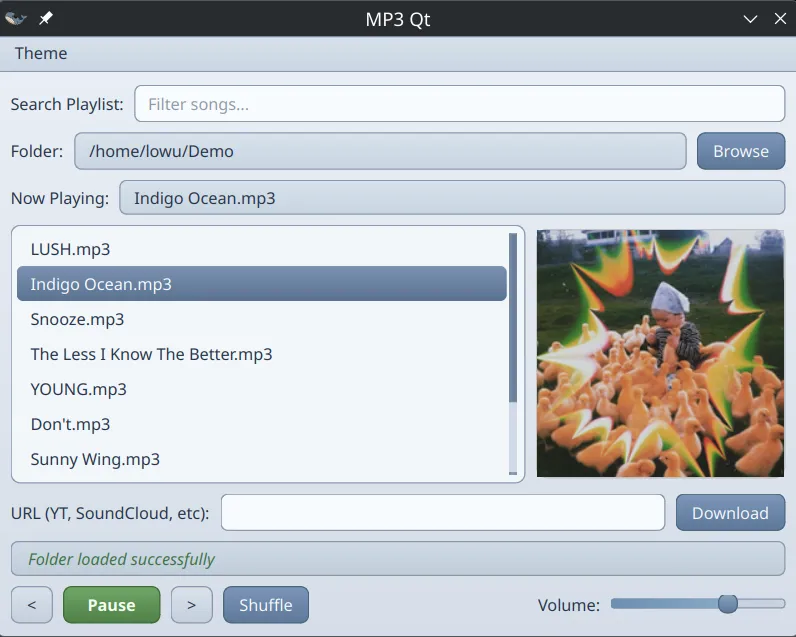 mp3qt default theme — playlist view with album art