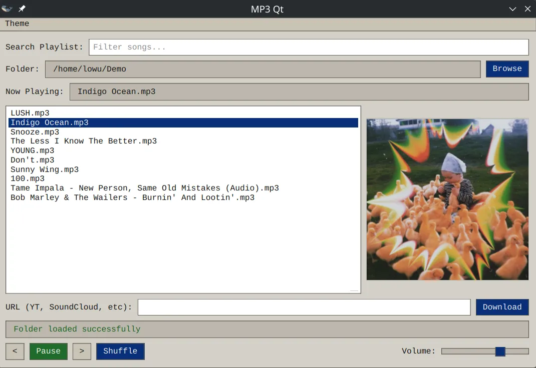 mp3qt cloud theme — playlist view with album art