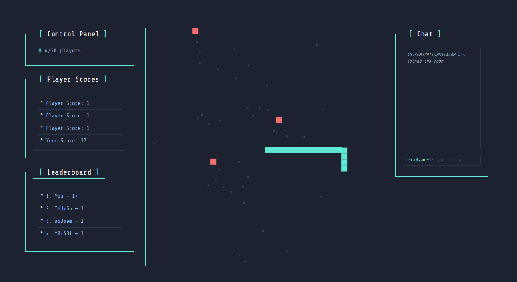 Multiplayer Snake — in-game view with scores and chat