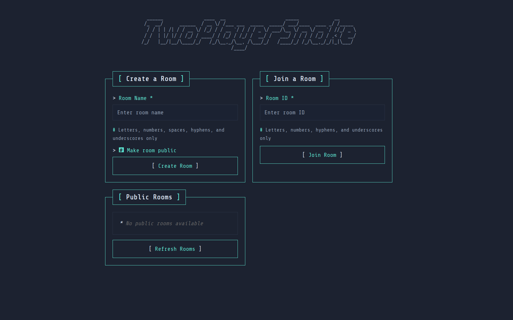 Multiplayer Snake — lobby and room creation screen